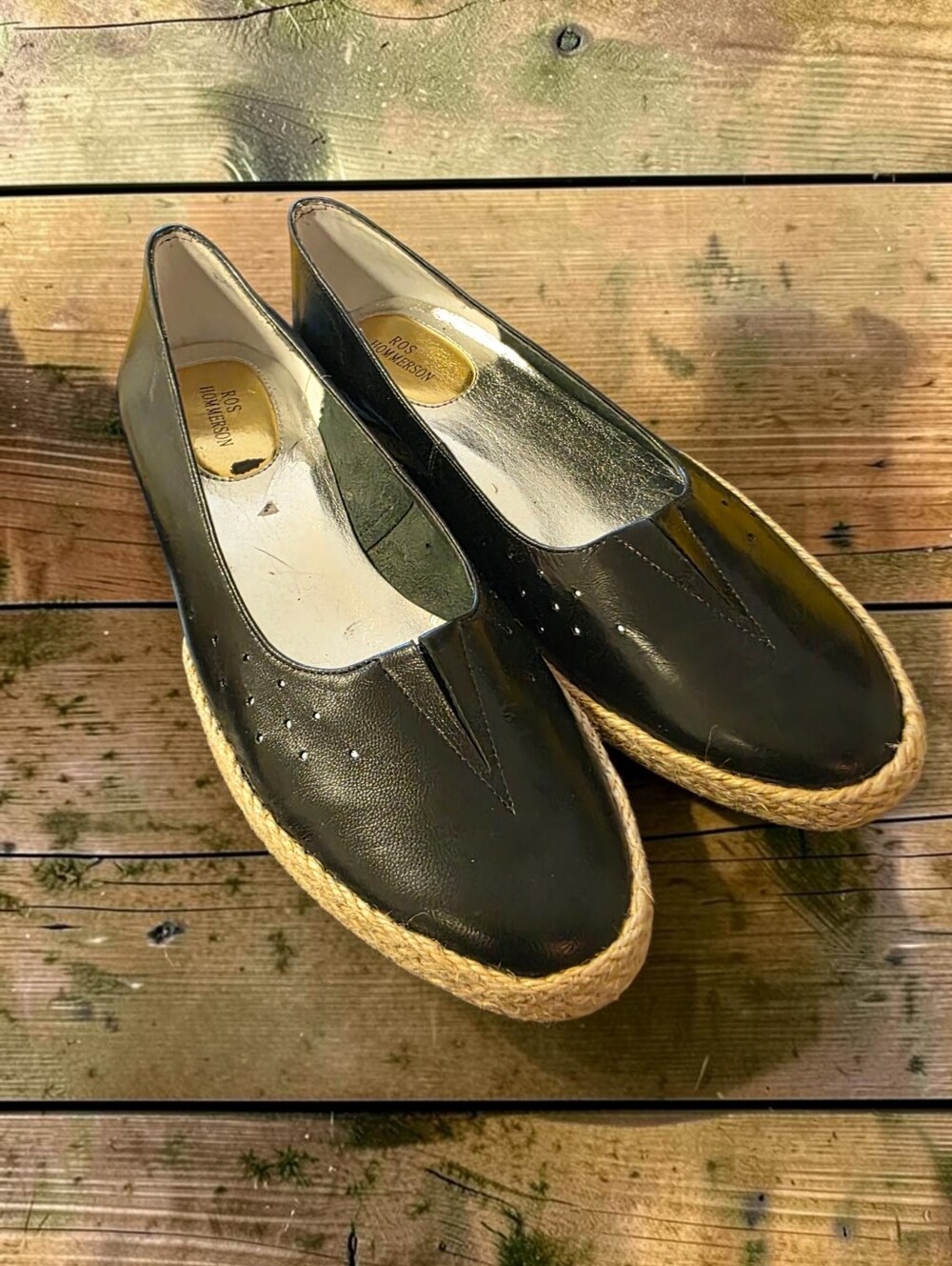 Ros Hommerson “Envy” Black Leather Low Wedge‎ Espadrille Slip On Flats 8.5M